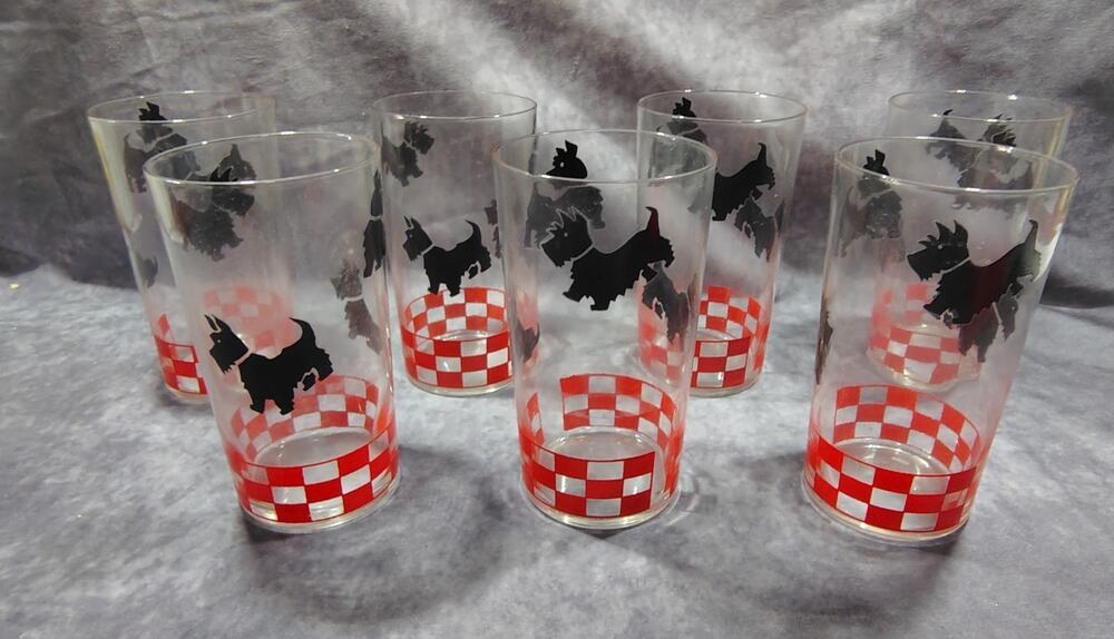 7 Vintage midcentury 1950's Beverage Drinking Glass Scottie Dog Print 5"x 2.25"